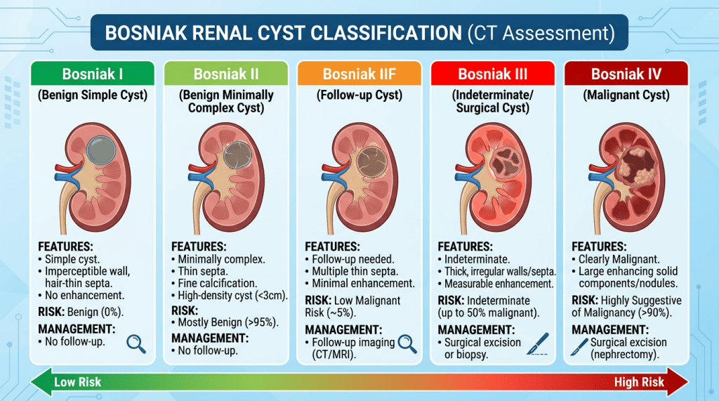 Bosniak renal cyst classification types I to IV with features, risks, and management guidelines